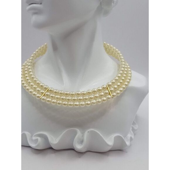 Vintage Three Strand Gold Tone Spacers Memory Wire Choker Necklace - Picture 4 of 9